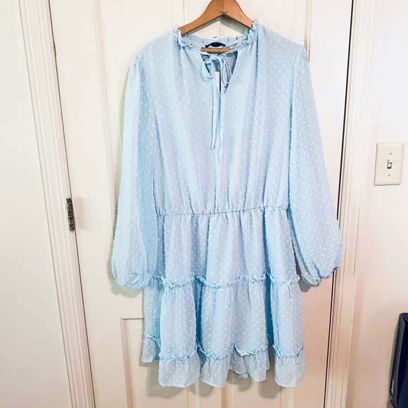 NWT BTFBM Women Casual light blue Dress V Neck Tie Neck Long Sleeve Dot Ruffle - Picture 2 of 7